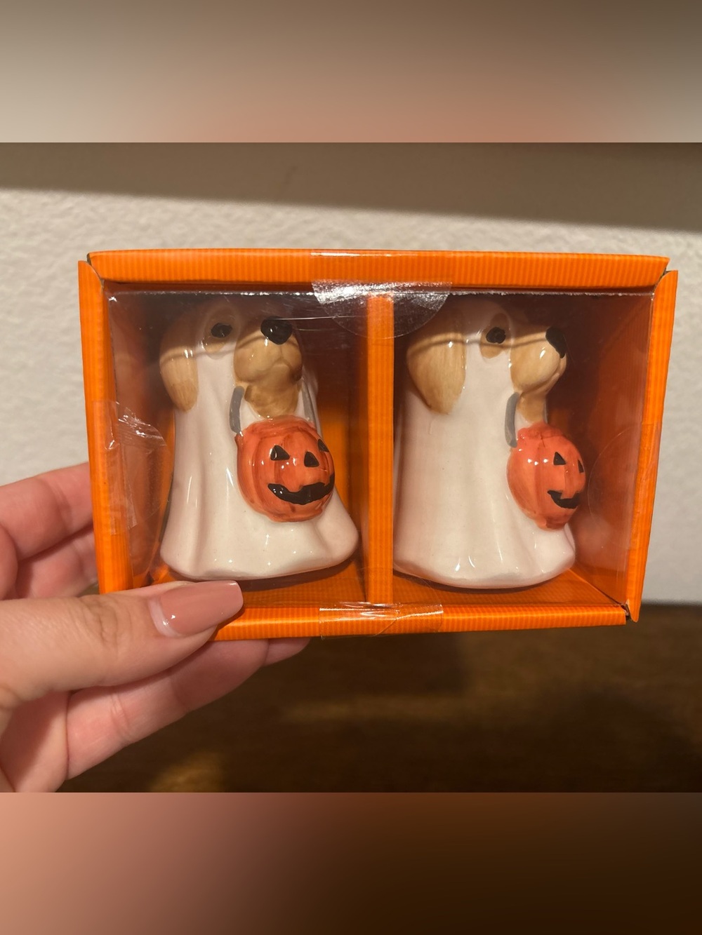 Halloween Dog Ghost Salt and Pepper Shaker Figurine Set — White & Orange
